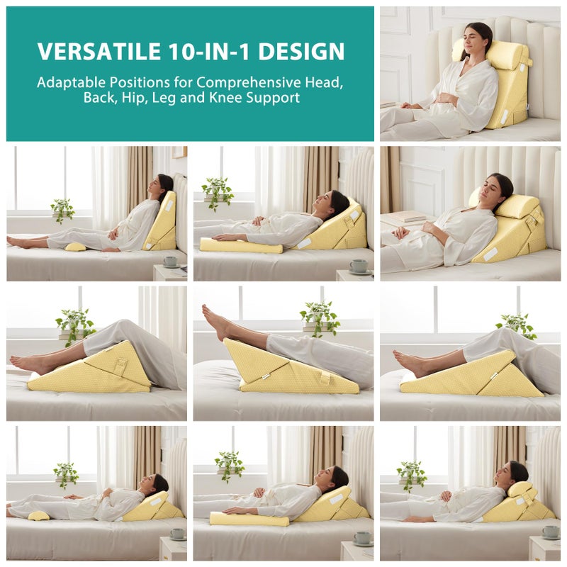 Bedluxe Adjustable 3pcs Bed Wedge Pillow Set, Memory Foam Wedge Pillows Post Surgery for Back, Neck, Leg Pain Relief, Pillow Wedge for Sleeping, Sitting up in Bed, Acid Reflux and GERD, Beige Yellow - Image 4