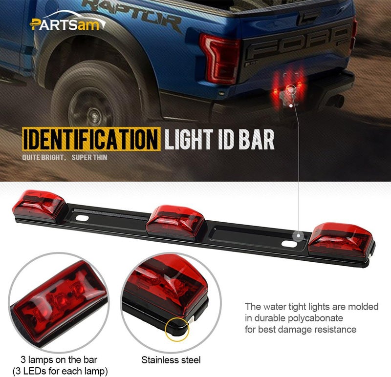 Partsam Red Clearance ID BAR Marker Light 3 Light 9 LED Trailer Sealed Stainless Steel, [DOT Approved] Sealed 3-Light Truck and Trailer Identification LED Light Bar Red Led Strip w/Black Base - Image 2