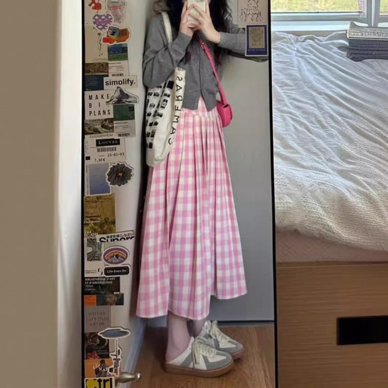 Pink Plaid Skirt Women'S Plus Size Chubby Girl Pear Figure Korean Style High Waist All-Match Plaid Pleated A- Line Long Skirt - Image 5
