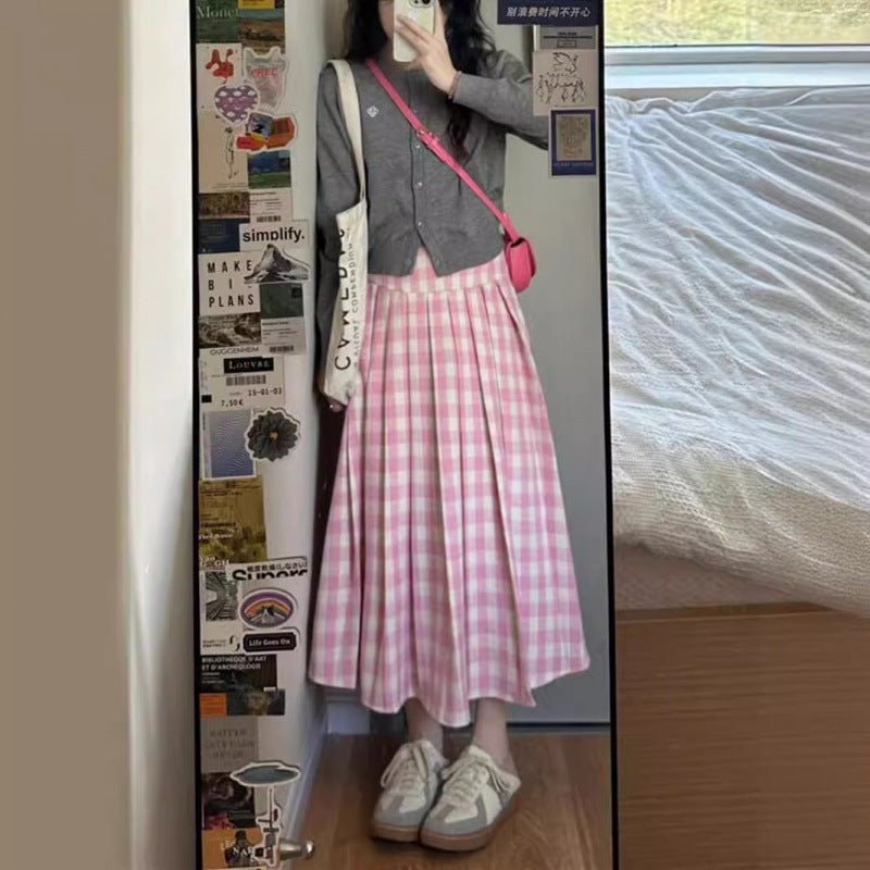 Pink Plaid Skirt Women'S Plus Size Chubby Girl Pear Figure Korean Style High Waist All-Match Plaid Pleated A- Line Long Skirt - Image 3