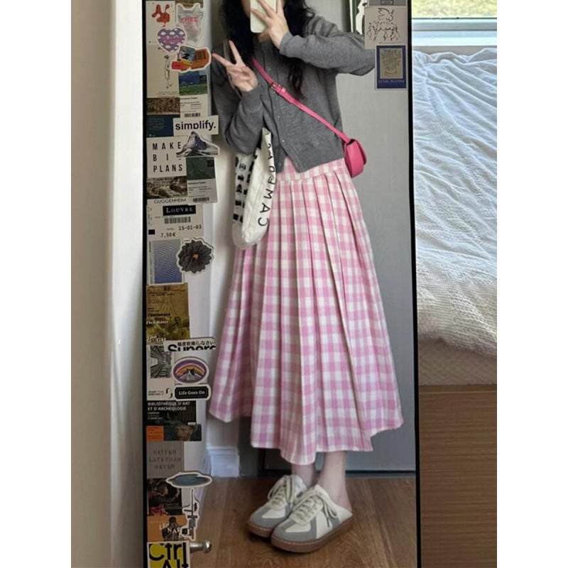 Pink Plaid Skirt Women'S Plus Size Chubby Girl Pear Figure Korean Style High Waist All-Match Plaid Pleated A- Line Long Skirt - Image 1