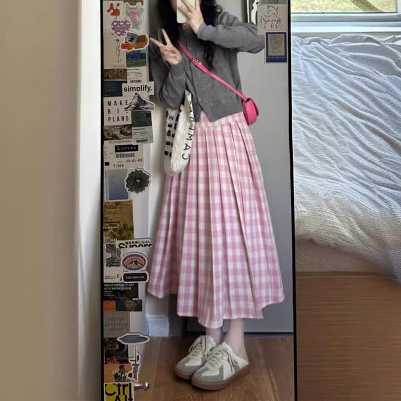 Pink Plaid Skirt Women'S Plus Size Chubby Girl Pear Figure Korean Style High Waist All-Match Plaid Pleated A- Line Long Skirt - Image 2