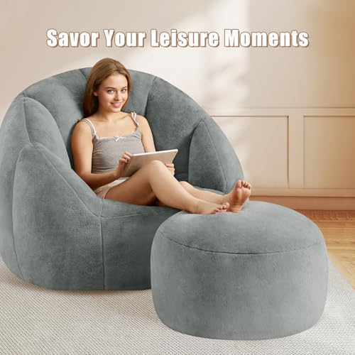 Gericco Round Pouf Ottoman Foot Rest, 29 X 18Inch Floor Poufs Footstool, A Round Modern Foam Filled Foot Stool for Living Room, Home, Nursery, Dorm (Grey, 29Inch) - Image 3