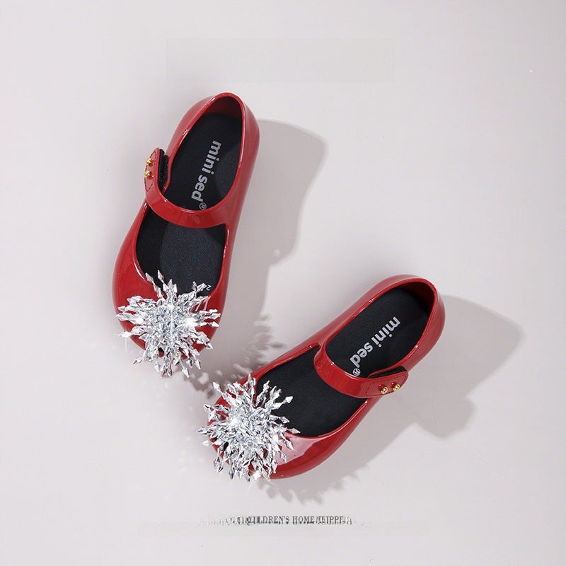 2024 New Kids Jelly Sandals Sparkling Flower Soft Sole Crystal Princess Shoes Wine red 
