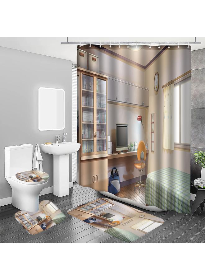 Bluejw A Generation Of Japanese Animation Scene Shower Curtain Four-piece Digital Printing Shower Curtain Mat Suit U-shaped Mat Wholesale - Image 1