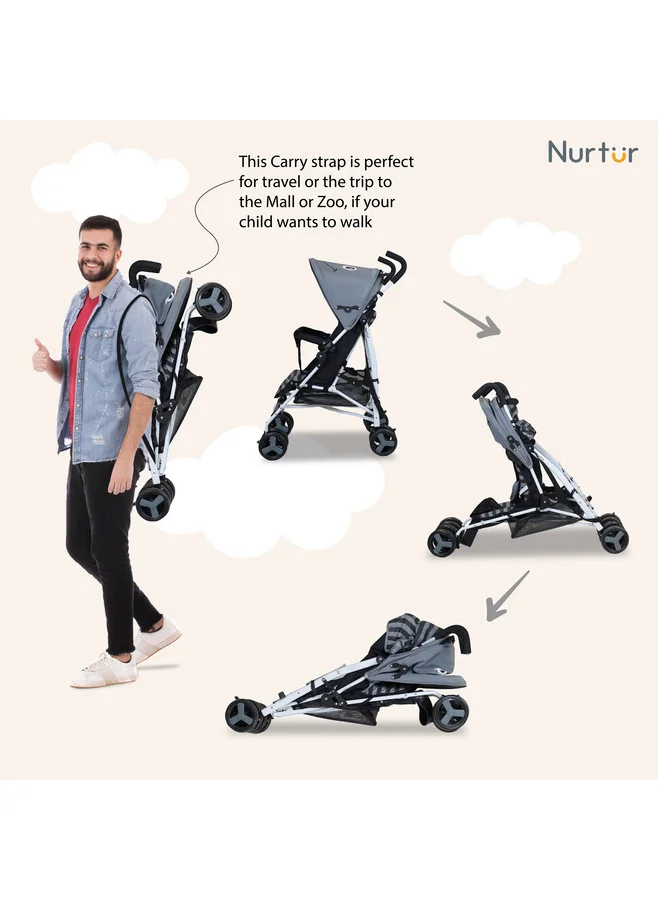 Nurtur Luca Character Baby/Kids Lightweight Stroller 0 36 Months, Storage Basket, Detachable Bumper, 5 Point Safety Harness, Compact Design with shoulder strap Grey