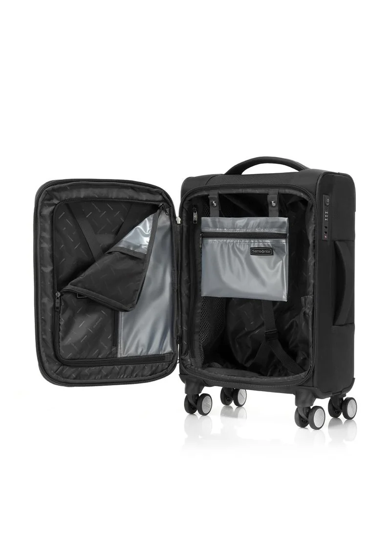 Samsonite black synch suitcase cabin size 57 cm, 4 spinner wheels, 100% polyester, black|spacious interior|expandable|wet pouch|tsa lock|inner mesh pocket - 3 years international warranty  | Best Price UAE