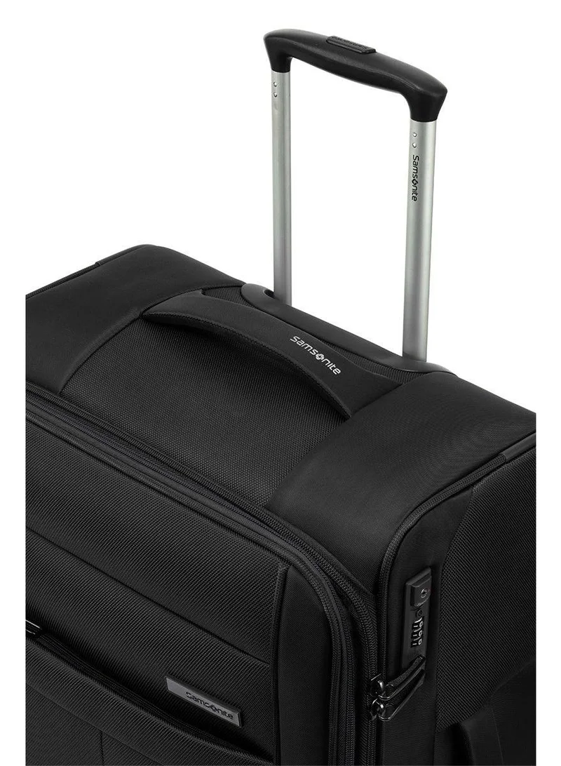 Samsonite black synch suitcase cabin size 57 cm, 4 spinner wheels, 100% polyester, black|spacious interior|expandable|wet pouch|tsa lock|inner mesh pocket - 3 years international warranty  | Best Price UAE