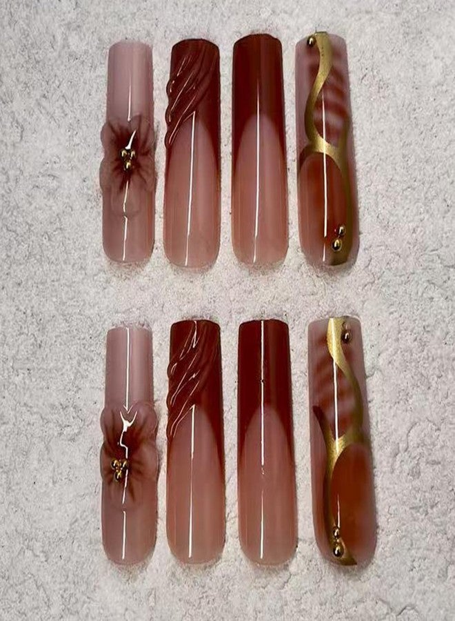 Jremg Brown French Tip Press on Nails Long Square Fake Nails with Gold Beads Designs Glossy 3D Water Ripples False Nails Reusable Autumn Gold Lines Glue on Nails for Women 24Pcs - Image 3