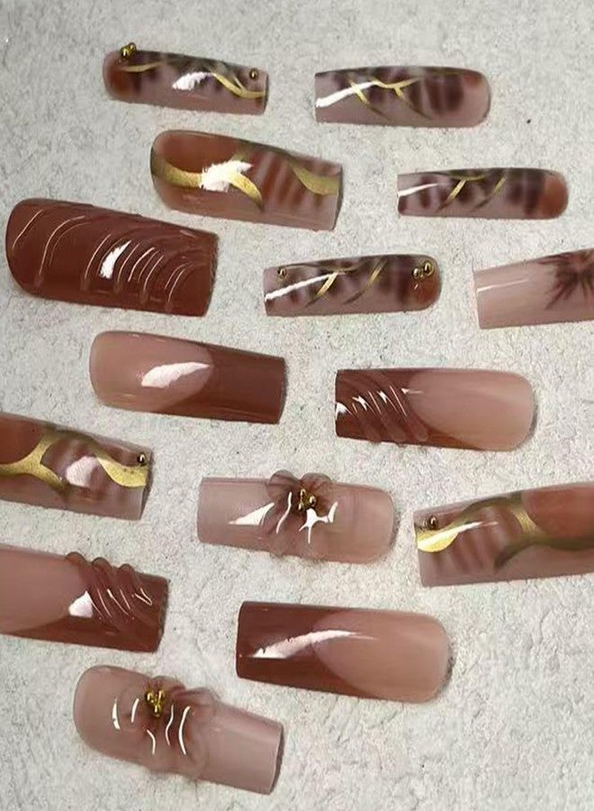 Jremg Brown French Tip Press on Nails Long Square Fake Nails with Gold Beads Designs Glossy 3D Water Ripples False Nails Reusable Autumn Gold Lines Glue on Nails for Women 24Pcs - Image 4