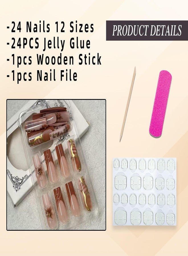 Jremg Brown French Tip Press on Nails Long Square Fake Nails with Gold Beads Designs Glossy 3D Water Ripples False Nails Reusable Autumn Gold Lines Glue on Nails for Women 24Pcs - Image 5