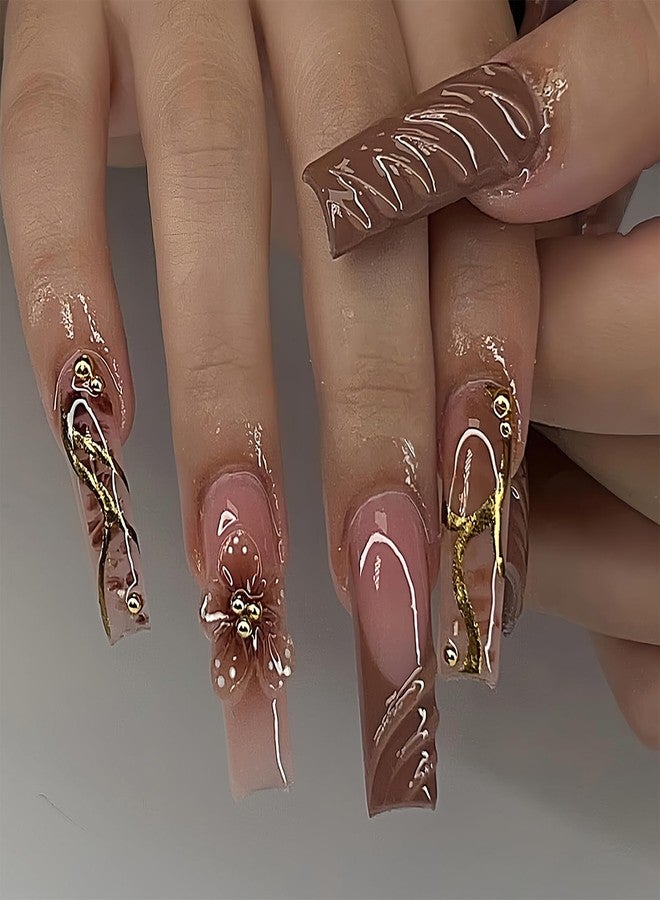 Jremg Brown French Tip Press on Nails Long Square Fake Nails with Gold Beads Designs Glossy 3D Water Ripples False Nails Reusable Autumn Gold Lines Glue on Nails for Women 24Pcs - Image 1