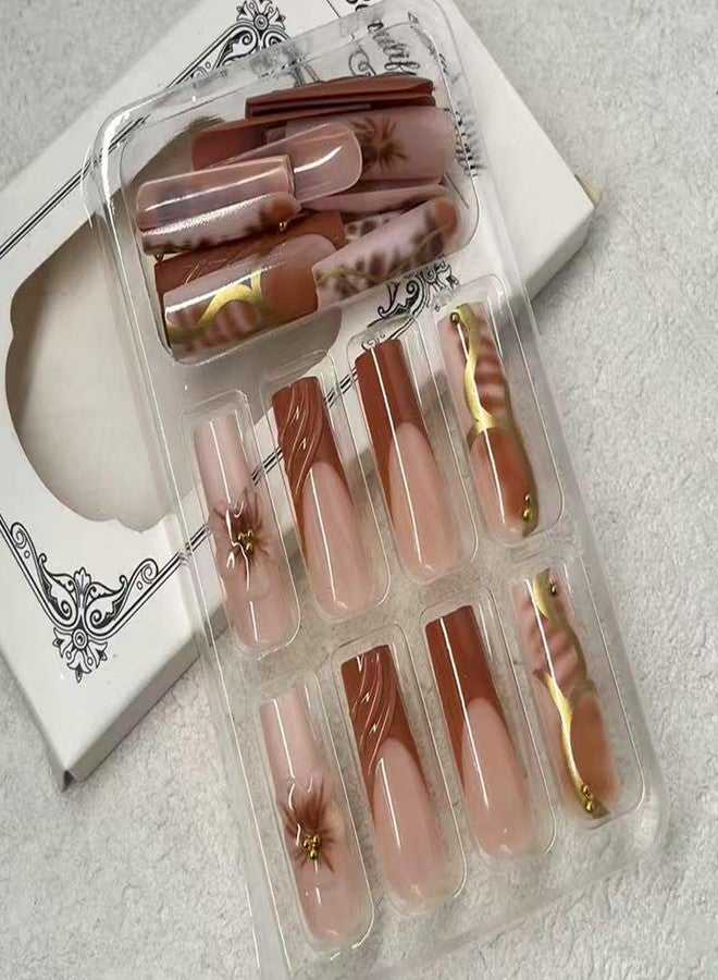 Jremg Brown French Tip Press on Nails Long Square Fake Nails with Gold Beads Designs Glossy 3D Water Ripples False Nails Reusable Autumn Gold Lines Glue on Nails for Women 24Pcs - Image 2
