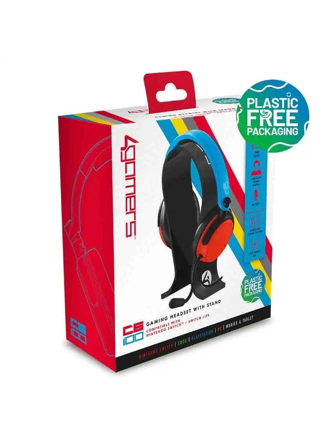 4Gamers C6-100 Wired Gaming Headset with Stand - Neon Blue & Red - Image 1