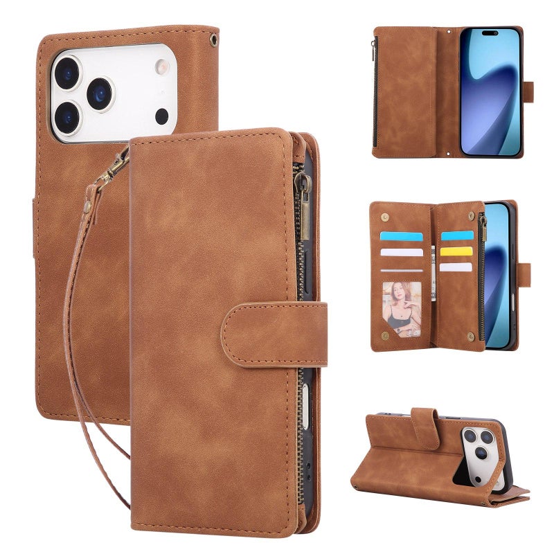 erorex For iPhone 17 Pro Multifunctional Multi-Card Wallet Phone Leather Case(Brown) - Image 1