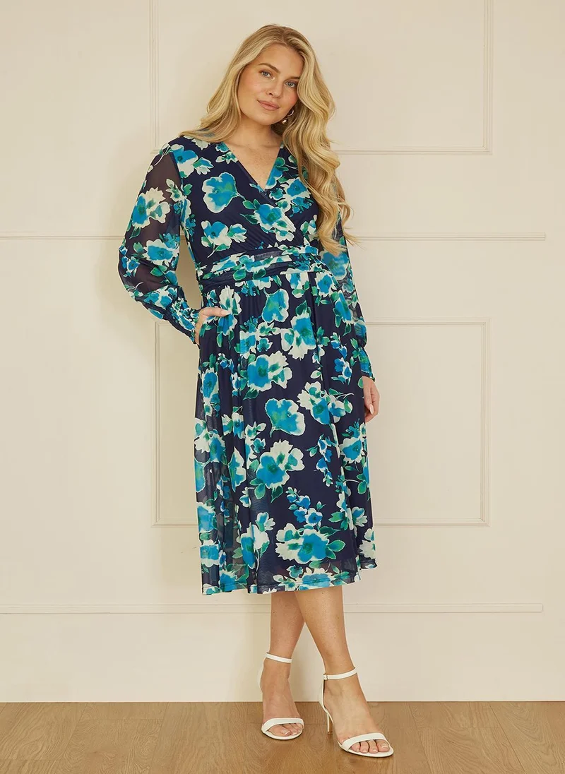 يامي Floral Mesh Wrap Dress With Long Sleeves