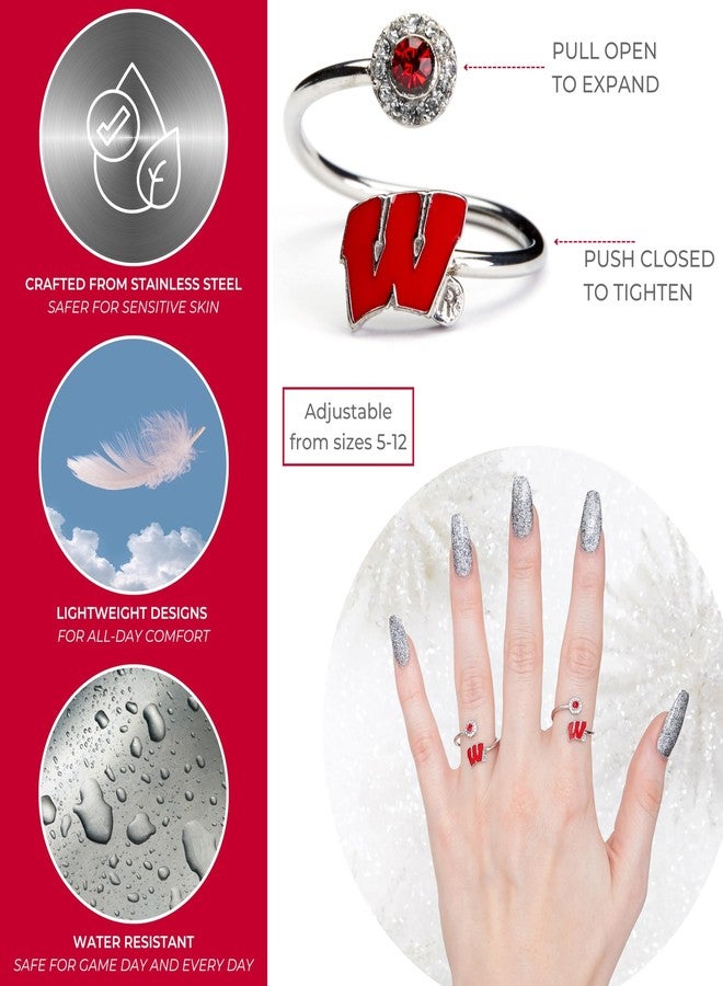 Stone Armory UW Badgers University of Wisconsin Gifts - Wisconsin Badgers Womens Ring with Crystals - Hypoallergenic and Adjustable Sizes 5-12 - Wisconsin Badgers Womens Apparel - Image 2
