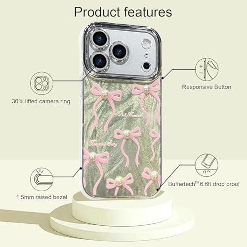 VONZEE Compatible with iPhone 17 Pro 6.3'' Case Luxury Pink Girly Cute 3D Bow Pearl Glitter Bling Case with Full Camera Protection Shockproof PC+TPU Glossy Shiny Cover for Girls Women, Gold - Image 3
