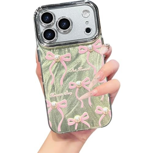 VONZEE Compatible with iPhone 17 Pro 6.3'' Case Luxury Pink Girly Cute 3D Bow Pearl Glitter Bling Case with Full Camera Protection Shockproof PC+TPU Glossy Shiny Cover for Girls Women, Gold - Image 1