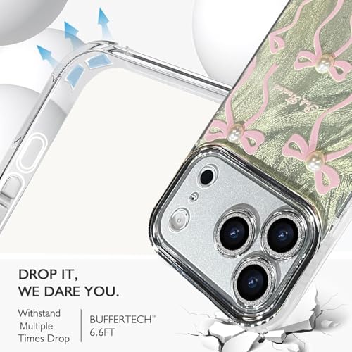 VONZEE Compatible with iPhone 17 Pro 6.3'' Case Luxury Pink Girly Cute 3D Bow Pearl Glitter Bling Case with Full Camera Protection Shockproof PC+TPU Glossy Shiny Cover for Girls Women, Gold - Image 5
