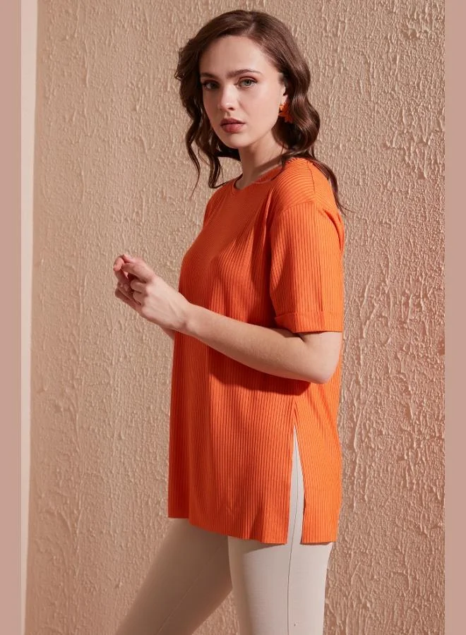 Lela Lela Oversize Crew Neck Blouse with Slit Detail Women's Blouse 5863683