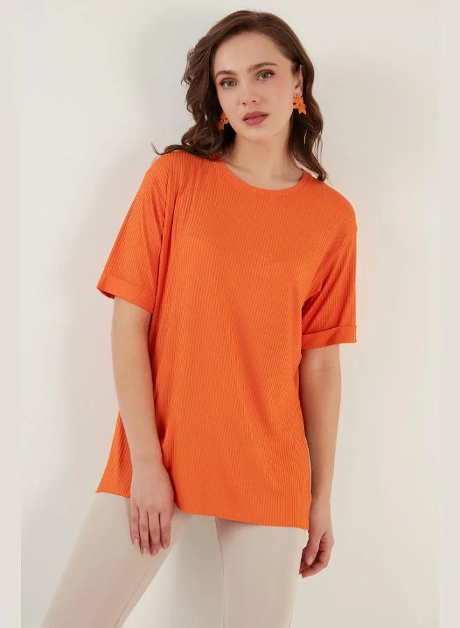 Lela Lela Oversize Crew Neck Blouse with Slit Detail Women's Blouse 5863683