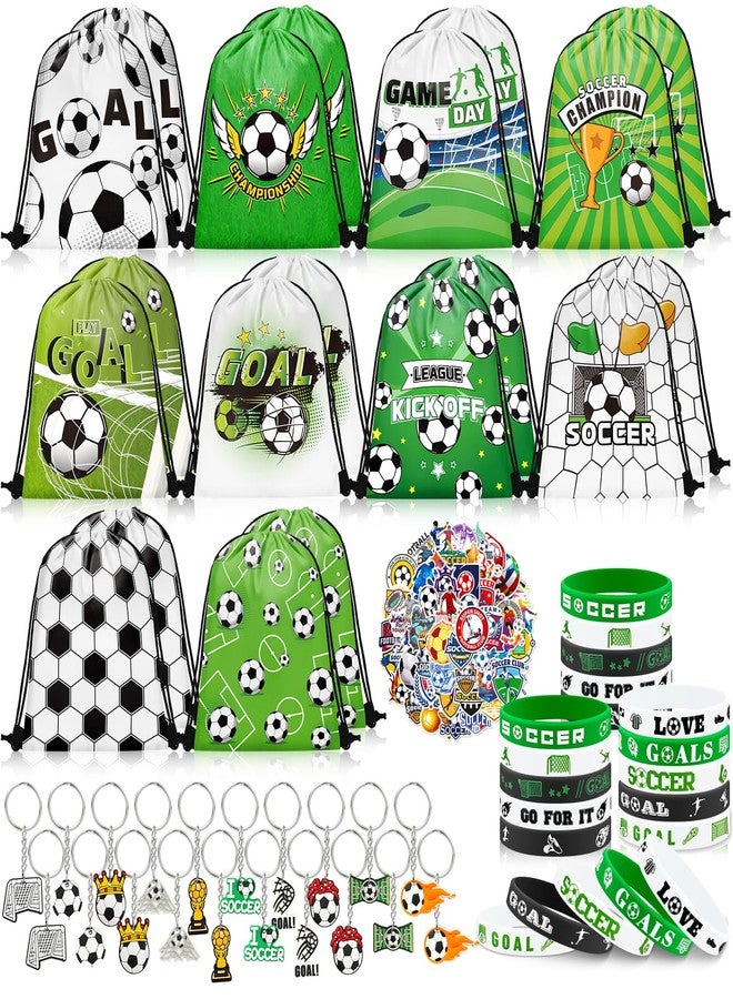 Grneric 110 Pcs Soccer Party Favors Drawstring Bags with Keychains Silicone Bracelets Stickers Soccer Goodie Bags Gift Bags for Sports Birthday Party Supplies Soccer Themed - Image 1