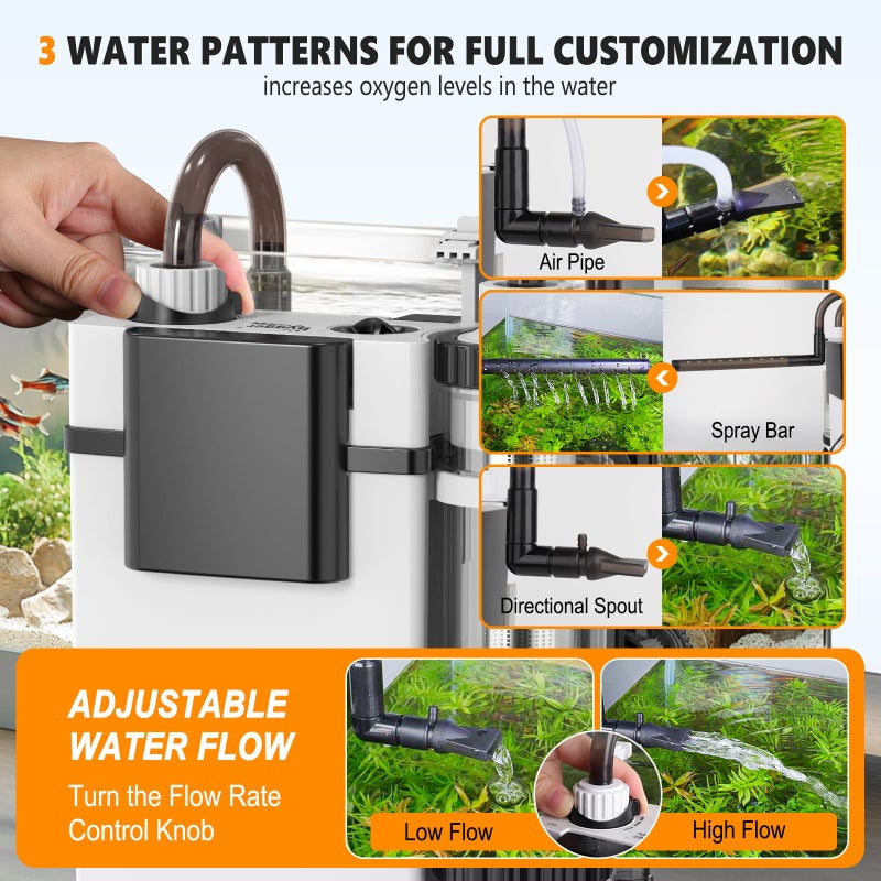 hygger Quiet Hang On Back Aquarium Filter 5-30 Gallon Small Fish Tank Canister Filter with Surface Skimmer Spray Bar 3 Floss Pads Bio Filter Media Adjustable Flow, Easy Water Change 132 GPH - Image 3