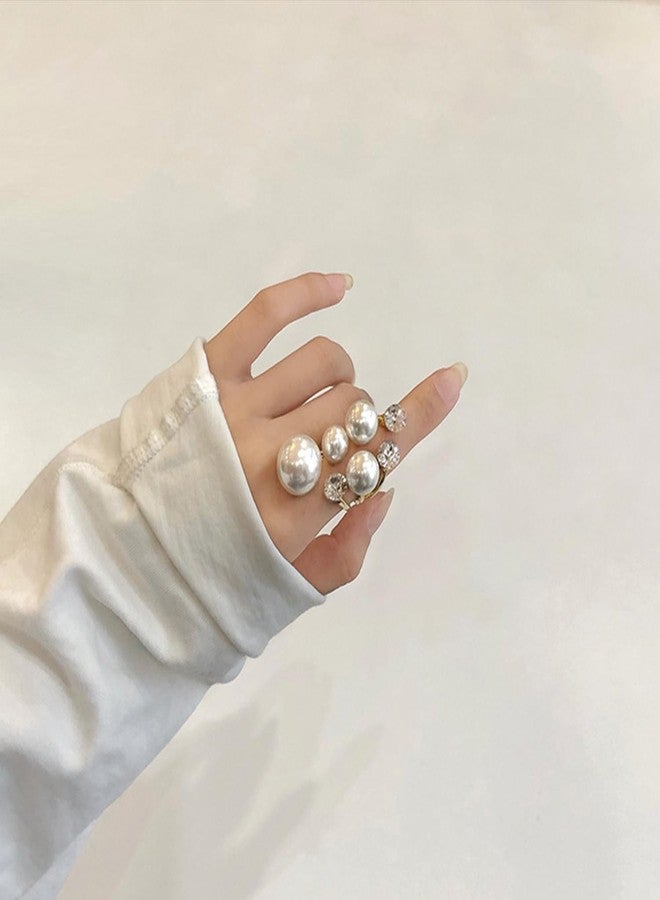 Aktully Vintage Pearl Ring for Women Cluster Rings Stacking Promise Pearl Rings Adjustable Open Pearls Finger Ring Trendy Personality Pearls Statement Jewelry for Women (A) - Image 4