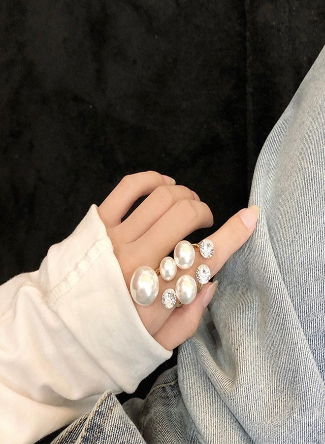 Aktully Vintage Pearl Ring for Women Cluster Rings Stacking Promise Pearl Rings Adjustable Open Pearls Finger Ring Trendy Personality Pearls Statement Jewelry for Women (A) - Image 3