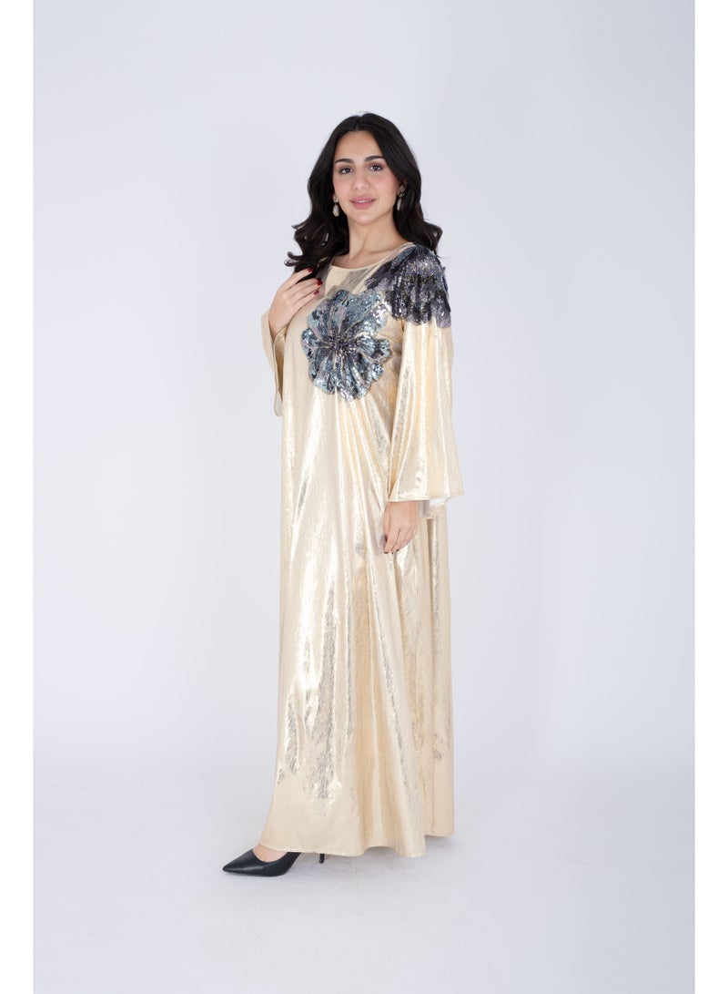 IKKXA Shimmer Fabric Shoulder Flower Jalabiya IK1059 Yellow - Image 4