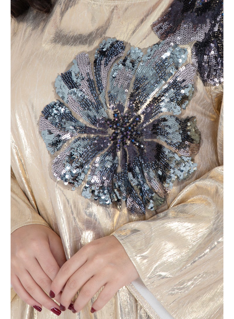 IKKXA Shimmer Fabric Shoulder Flower Jalabiya IK1059 Yellow - Image 3