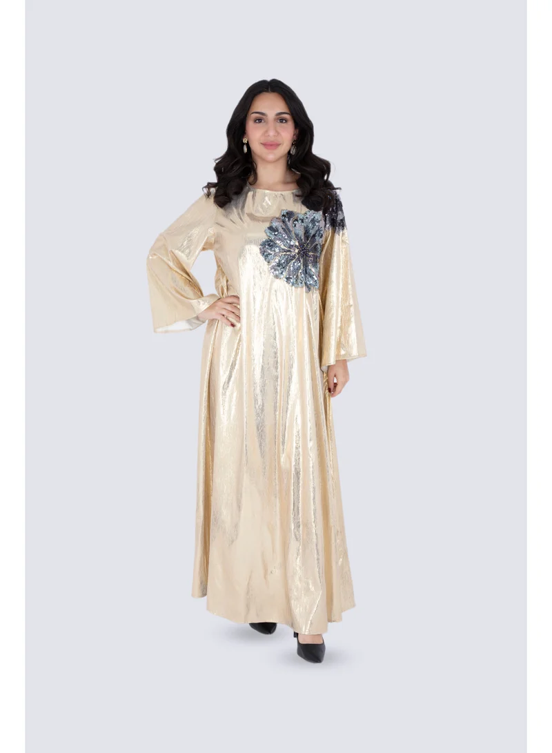 IKKXA Shimmer Fabric Shoulder Flower Jalabiya IK1059 Yellow