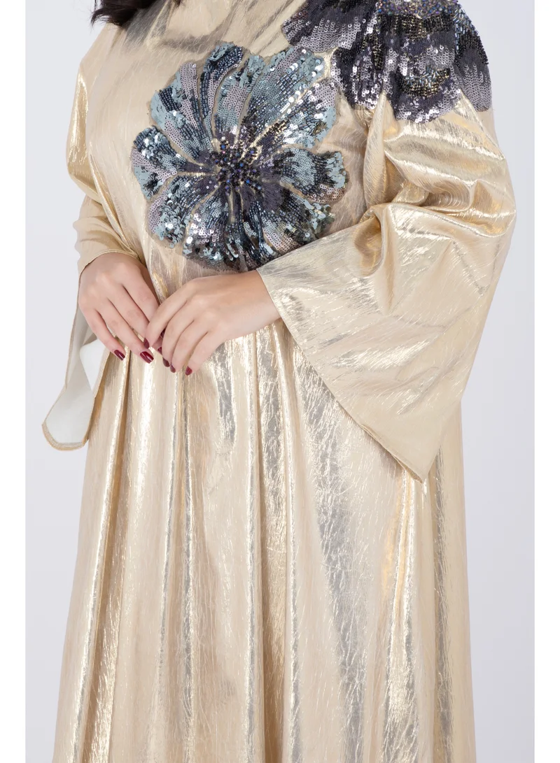 IKKXA Shimmer Fabric Shoulder Flower Jalabiya IK1059 Yellow