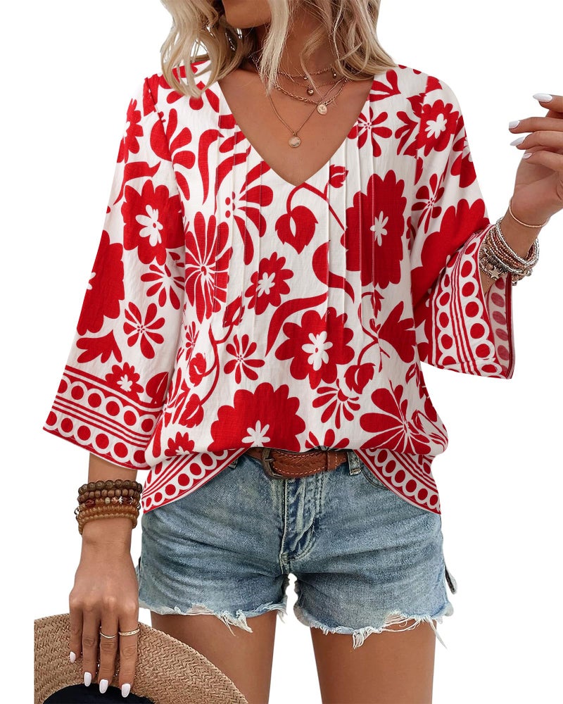 Youtalia Plus Size Flowy Tunic Tops for Women Bohemian Tunics or Tops to Wear with Leggings for Curvy Woman Vacation Outfits for Women 2026 White Red Floral XL - Image 1
