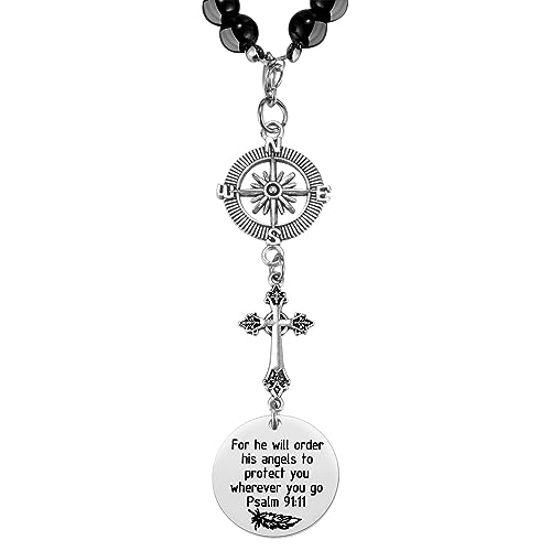 Ralukiia Cross Car Charm, for He Will Order His Angels to Protect You Wherever You Will Go, Rear View Mirror Car Charm, Psalm 91:11, Bible Verse, Religious Gifts for Women - Image 1