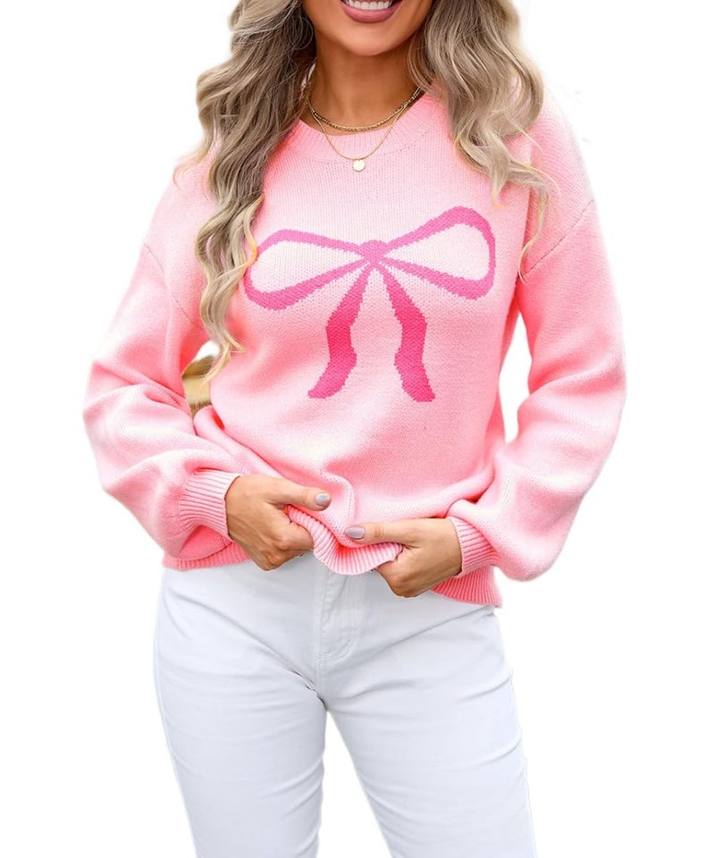 Sumleno Womens Fall Winter Casual Sweater Cute Bow Crewneck Long Sleeve Baggy Knit Sweatshirt Top Trendy Aesthetic Clothes (Pink,S) - Image 1
