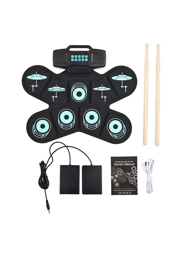 Generic Electronic Drum Set Hand Roll Drum Set 9 Pads Dual Speaker Rechargeable Holiday Birthday Gift Practice Pad Drum Kit with Drumsticks Foot Pedal Supports Connection MIDI Gaming  - Image 2