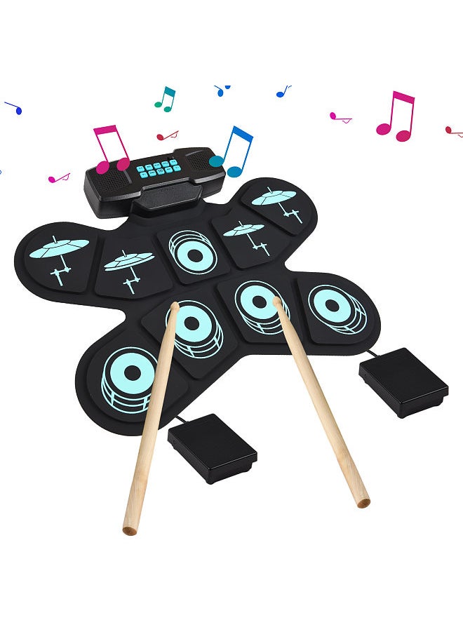 Generic Electronic Drum Set Hand Roll Drum Set 9 Pads Dual Speaker Rechargeable Holiday Birthday Gift Practice Pad Drum Kit with Drumsticks Foot Pedal Supports Connection MIDI Gaming  - Image 1