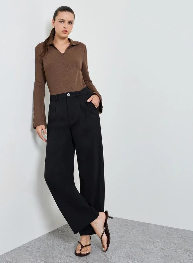 Take Two Black Solid Pleated Details Wide Leg Trousers