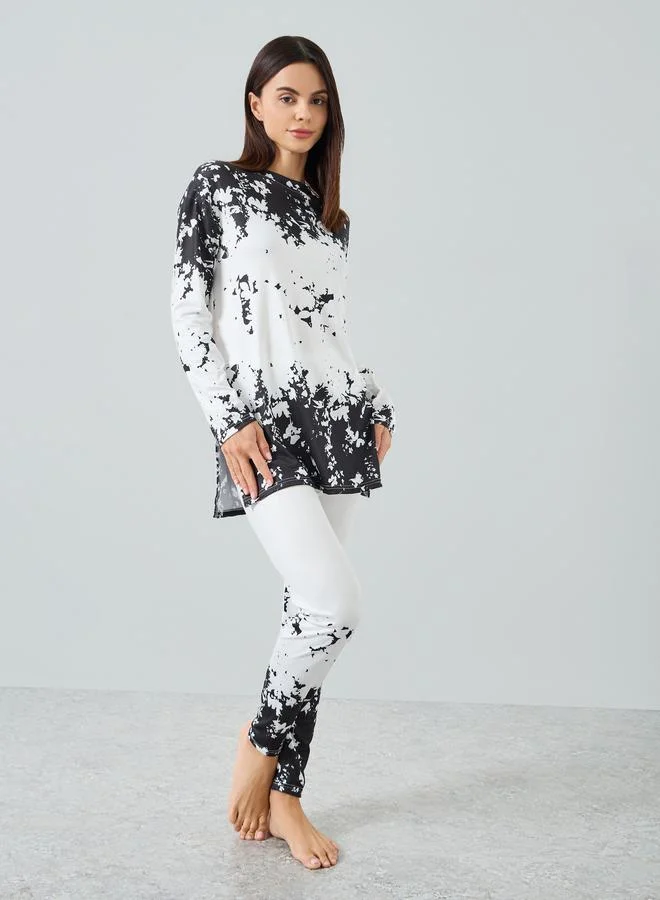 Take Two Women Printed Long Sleeve Split Hem Top and Pyjama Set