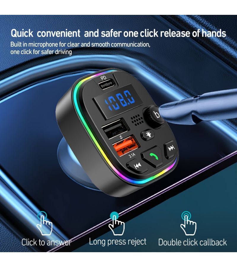 C18 شاحن سيارة لاسلكي 5.3 مرسل FM مشغل MP3 أسود يدعم 32GB USB منفذ USB مزدوج من نوع C لشحن الهاتف إضاءة محيطة ملونة - Image 3