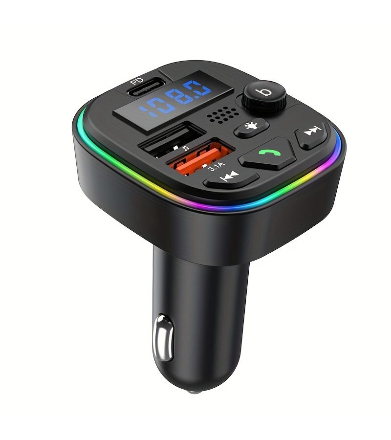 C18 شاحن سيارة لاسلكي 5.3 مرسل FM مشغل MP3 أسود يدعم 32GB USB منفذ USB مزدوج من نوع C لشحن الهاتف إضاءة محيطة ملونة - Image 1