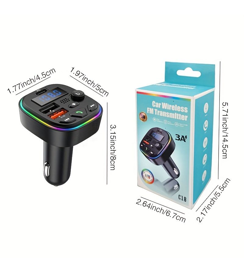 C18 شاحن سيارة لاسلكي 5.3 مرسل FM مشغل MP3 أسود يدعم 32GB USB منفذ USB مزدوج من نوع C لشحن الهاتف إضاءة محيطة ملونة - Image 2