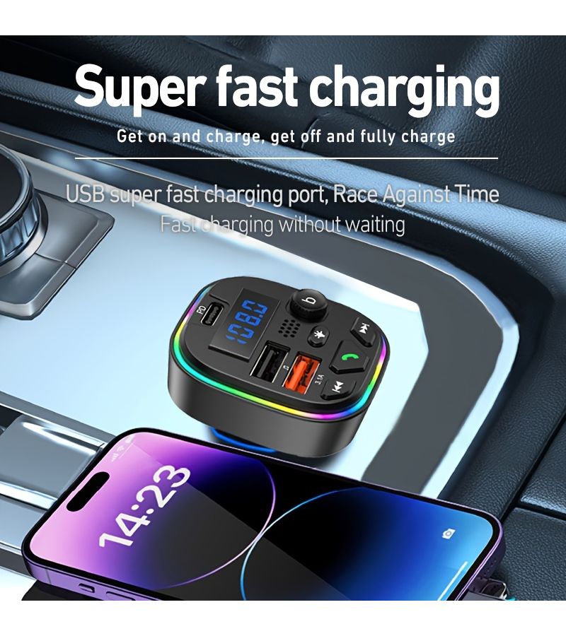 C18 شاحن سيارة لاسلكي 5.3 مرسل FM مشغل MP3 أسود يدعم 32GB USB منفذ USB مزدوج من نوع C لشحن الهاتف إضاءة محيطة ملونة - Image 5