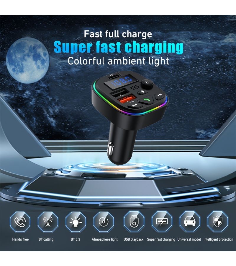C18 شاحن سيارة لاسلكي 5.3 مرسل FM مشغل MP3 أسود يدعم 32GB USB منفذ USB مزدوج من نوع C لشحن الهاتف إضاءة محيطة ملونة - Image 4