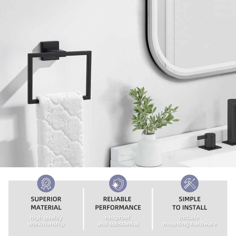 Angle Simple Towel Holder Matte Black, Stainless Steel Square Hand Towel Ring Rack Hanger for Bathroom Wall Mount, 7.09 Inches - Image 3