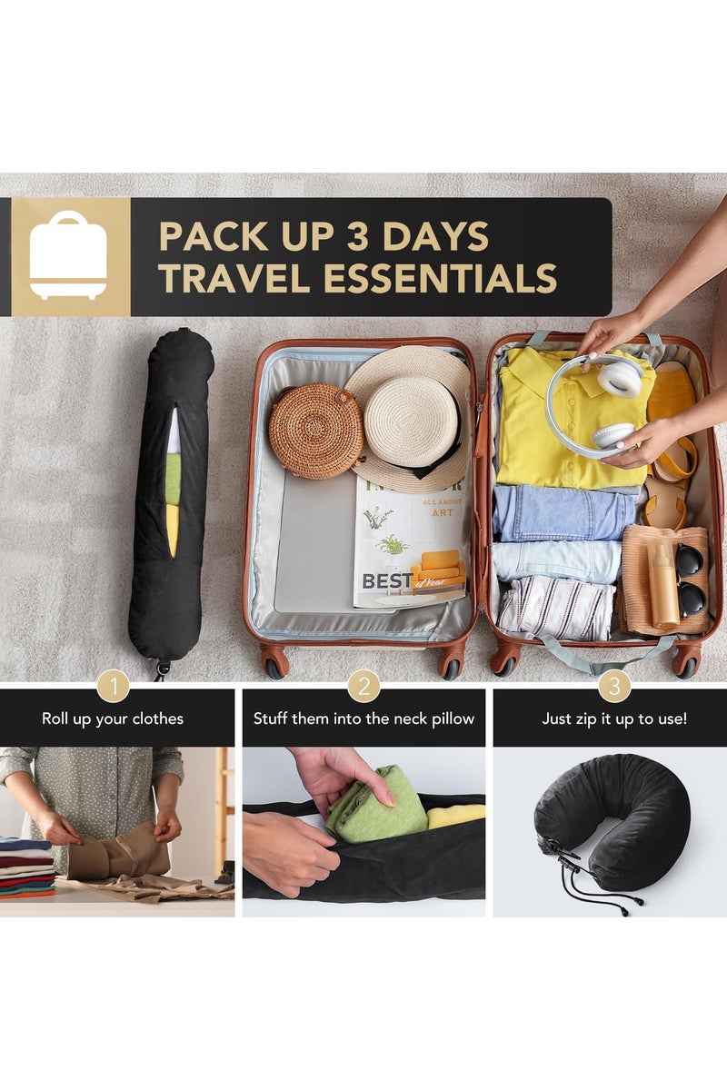 Stuffable Neck Pillow for Travel, Adjustable U-shapes, Extra Luggage Storage Ideal 1-3 Days Travel Essentials, 3D Eye Mask Included, Black - Image 2