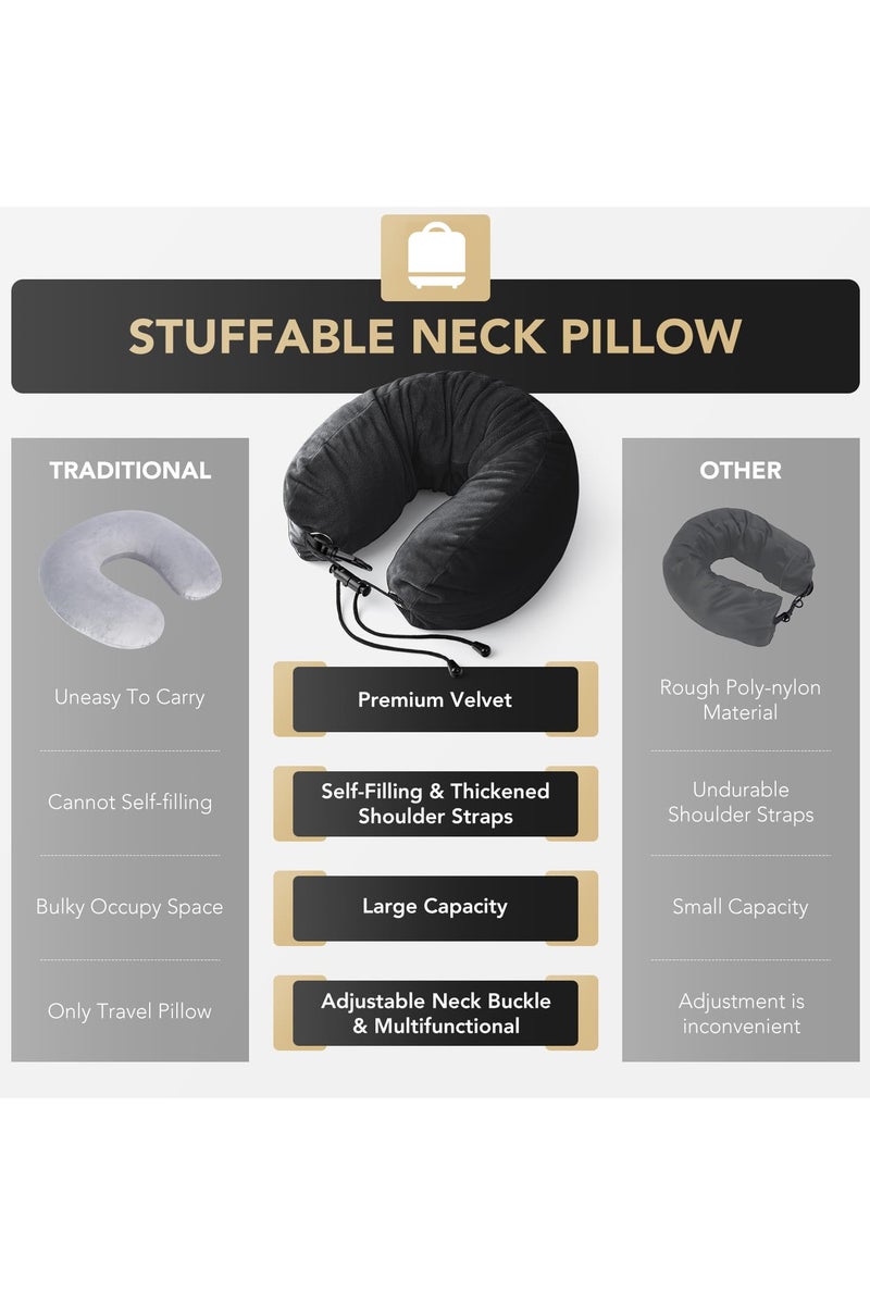 Stuffable Neck Pillow for Travel, Adjustable U-shapes, Extra Luggage Storage Ideal 1-3 Days Travel Essentials, 3D Eye Mask Included, Black - Image 5