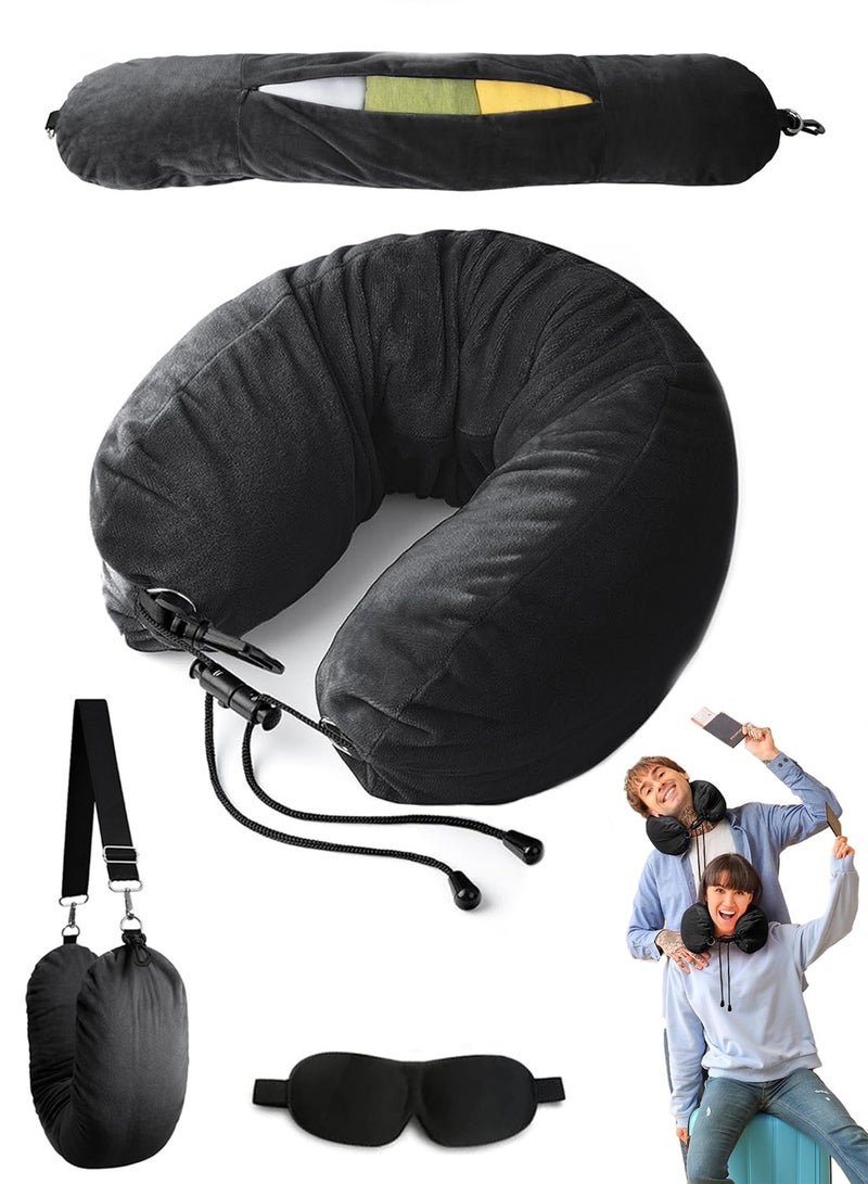 Stuffable Neck Pillow for Travel, Adjustable U-shapes, Extra Luggage Storage Ideal 1-3 Days Travel Essentials, 3D Eye Mask Included, Black - Image 1